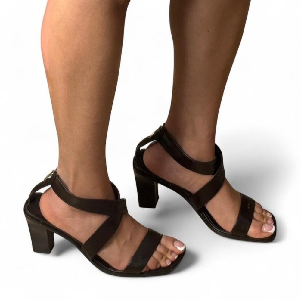Paolo linea brown leather strappy block heel‎ sandals minimalist square toe